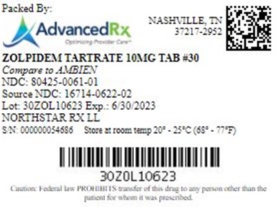 Zolpidem Tartrate 10mg Tab Qty 30 Ndc 80425 0061